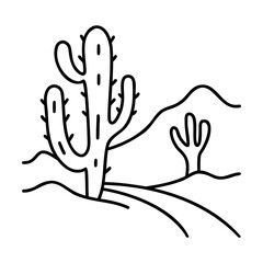 Fototapeta premium Black Line Art Cactus and Desert Landscape Illustration