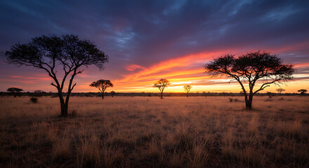 Obraz premium Wide landscape view of the Cerrado biome with dry twisted trees, golden grass, and a dramatic sunset sky — Brazil’s tropical savanna ecosystem