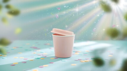 Pink Cup with Scattered Pastel Petals on Blue Background