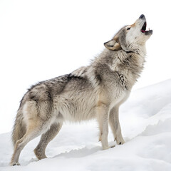 Obraz premium A lone grey wolf howls in the snow, isolated on transparent background, a majestic winter scene captured in a profile view