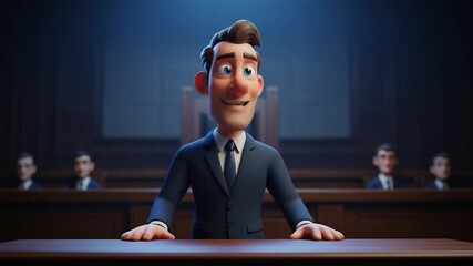 Animated Lawyer in Courtroom: Cartoon Character Presentation with Open Arms Gesture