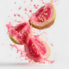 Fresh pink guava fruit slices splashing with juice in midair isolated on white background, vibrant colorful fruit with seeds and juicy flesh, healthy snack