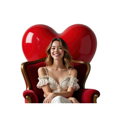 Beautiful Woman Sitting on a Red Velvet Chair with a Giant Heart