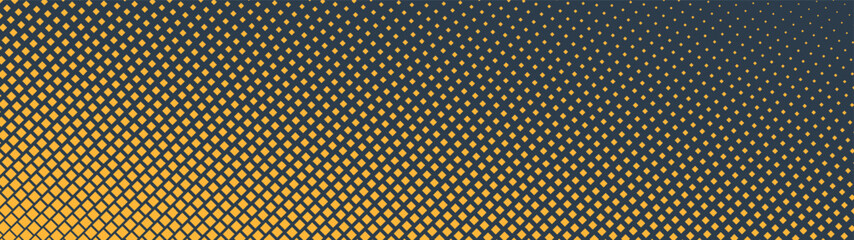 Square wavy grid halftone pattern faded gradient ultra wide 32:9 aspect ratio vector yellow black abstract background. Half tone graphic texture panoramic ultrawide format retro futuristic abstraction
