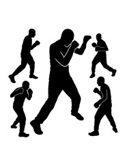 Male boxing sport training pose, jab, hook, silhouette