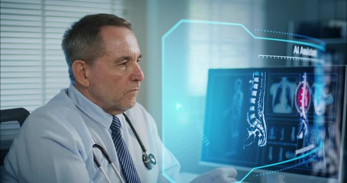 Professional doctor examines an advanced AI-powered brain scan interface for accurate medical diagnostics, showcasing innovation in healthcare and artificial intelligence technologies.