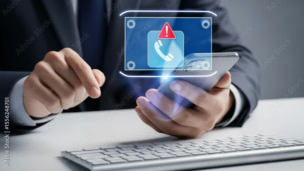 Poster Man in suit holding smartphone with phone call warning notification near a computer keyboard
