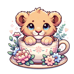Cute Lion Cub in Teacup: An adorable cartoon lion cub with big, expressive eyes peeks from a charming teacup surrounded by delicate flowers.