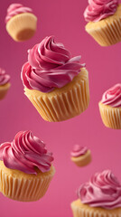 Vibrant pink frosted cupcakes with swirled icing and golden wrappers floating against a solid pink background for baking desserts and sweet treats concept