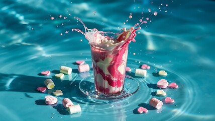 Pastel Blue Background with Floating Milk Carton and Pink Hearts