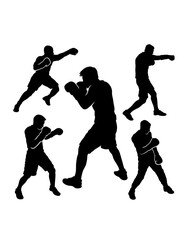 Male boxing sport training pose, jab, hook, silhouette