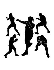 Male and female boxing sport training pose, jab, hook, silhouette