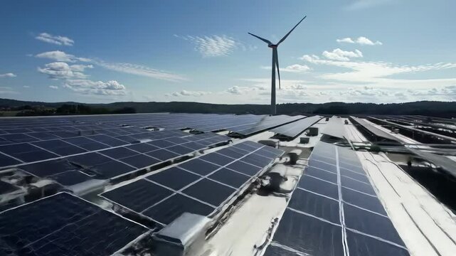 solar panels and wind turbine in blue sky
- Powered by Adobe