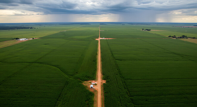 Rolling soybean fields under expansive skies in the agricultural region of Mato Grosso, with traces of machinery and rural infrastructure — agribusiness in Brazil