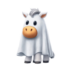 Adorable cartoon horse in a ghost costume for Halloween, playful character design with fun expression Transparent background or png