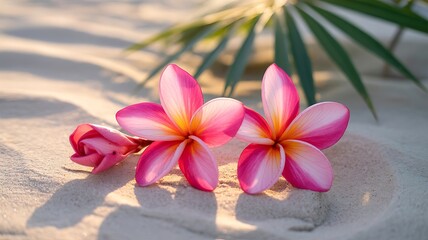 Pink Hibiscus and Plumeria Blossoms on Sandy Beach