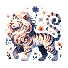 A Joyful Lion: In an illustrated style, a serene lion, with its striking mane and patterned coat, strolls gracefully through a whimsical floral landscape. A portrait of strength, confidence.