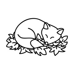 Sleeping Fox Curled Up on Autumn Leaves Black Outline Illustration