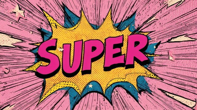 The word super in a bright pink font inside a yellow comic book style explosion with a pink background and black lines.