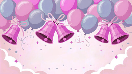 Fototapeta premium A whimsical celebration background with pink and grey balloons, bright pink bells, shimmering stars, and fluffy clouds, perfect for birthdays and baby showers