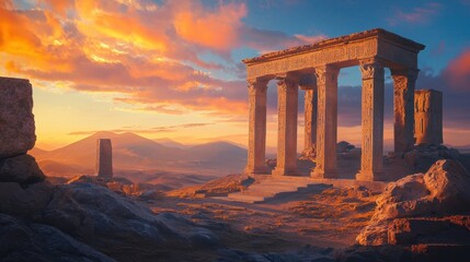 Fototapeta premium Desert ruins stand against a vibrant sunset, revealing ancient architecture in a breathtaking landscape