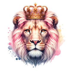 Majestic Lion with Crown: A regal lion, adorned with a golden crown, its mane tinged with pastel pink and blue hues, commands attention against a watercolor-splattered backdrop.