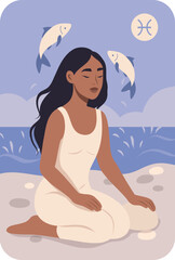 Zodiac sign Pisces. Horoscopes. Astrology. Vector illustration of a woman sitting on the shore, and two fish are unharnessed from the sea for days. Symbol of dreaminess, intuition, depth