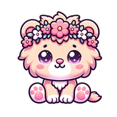 Flower Crowned Feline Delight: An adorable, cartoon-style lion cub, adorned with a delicate floral crown, captivates with its innocent charm and heartwarming presence. 