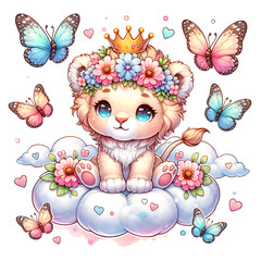 Lion Cub Dreams: A whimsical digital illustration of a lion cub adorned with a crown and floral wreath, amidst floating clouds and playful butterflies.