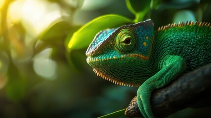 Obraz premium Close-up view of a vibrant green chameleon resting on a branch surrounded by lush greenery in soft natural light