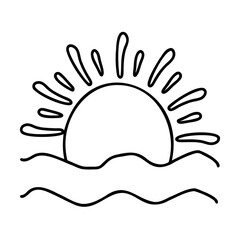 Black line art sun over wavy water illustration waves
