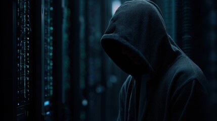 Hacker in hoodie breaking into data server dark theme.