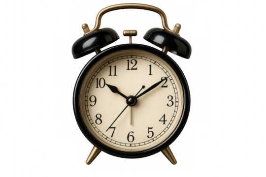 Vintage brass alarm clock with classic bells, showing accurate time on transparent surface, capturing nostalgic retro aesthetic