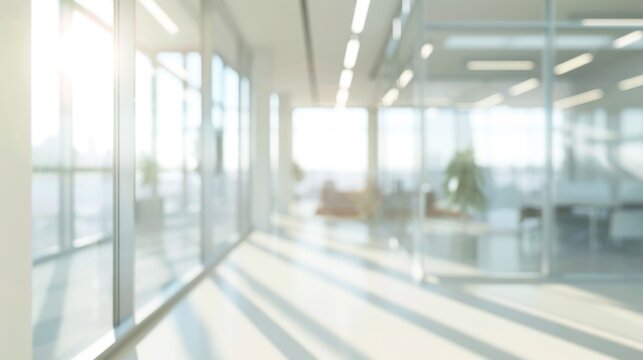 Blurred office interior background. Empty light open space office with big windows, many glasses walls, desks, chairs and green plants. Modern indoor business environment
