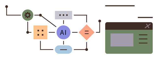 Diagram showing AI workflow with shapes and connections leading to user interface panel. Ideal for technology, automation, data analysis, innovation, process design, AI visualization, simple landing
