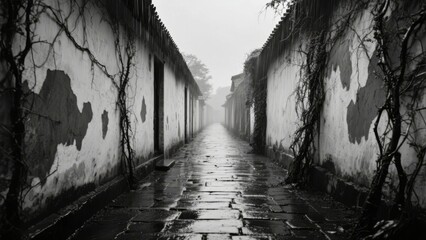 Obraz premium A misty, cobblestone alley flanked by aged walls with creeping vines in a serene, historic setting.