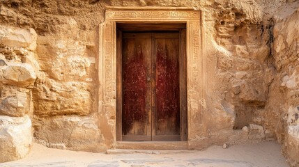 An ancient wooden door set into a stone rock wall of historic building