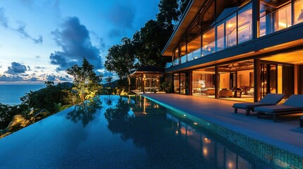 Fototapeta premium Luxurious tropical villa with infinity pool and lounge chairs at dusk, overlooking the ocean. Ideal for resort advertisement.