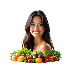 Beautiful Woman with Fresh Fruits and Vegetables, Healthy Eating Concept