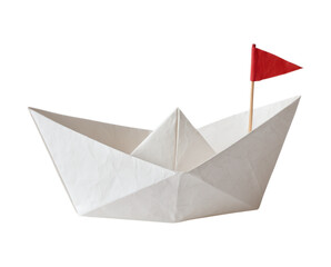 Elegant White Origami Boat with a Red Flag Perfect for Nautical Themes and Creative Projects, Isolated on Transparent and White Background