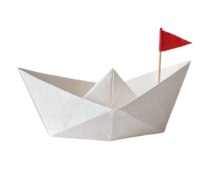Elegant White Origami Boat with a Red Flag Perfect for Nautical Themes and Creative Projects, Isolated on Transparent and White Background