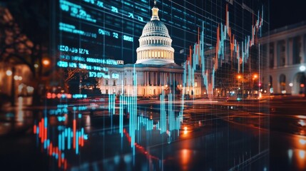 United States capitol building with digital stock market data overlay. Economic overview and government finance concept.