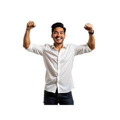 Joyful Young Man Celebrating Success with Arms Raised