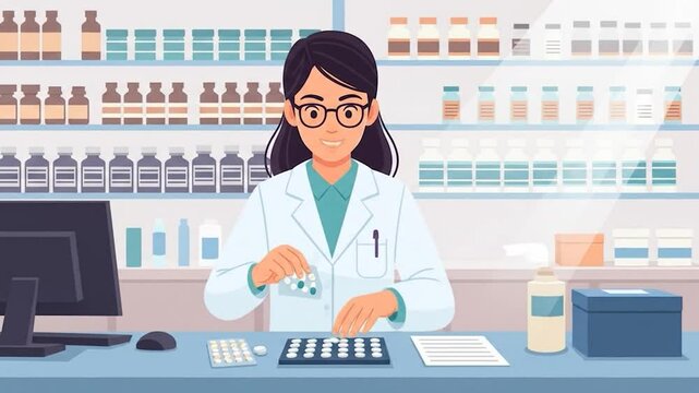 Animated Pharmacist Counting Pills in Pharmacy Setting with Shelves of Medicine Bottles
