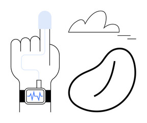 Hand wearing a health monitor tracking vital signs, kidney icon symbolizing medical focus, cloud for data storage. Ideal for healthcare, fitness, technology, diagnostics, telemedicine, big data