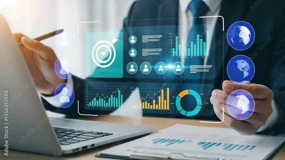 Poster businessman analyzing business data on laptop with graphs and charts for financial planning