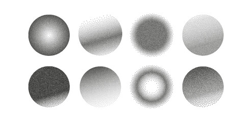 Set of backgrounds in halftone and pointillism style. Noise and grain gradient effect. Dotted sand. Stipplism. Dotwork. Circle and round shapes. Monochrome Pattern. Texture. Pop art. Grunge effect.