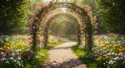 “Romantic Garden Path with Floral Archway and Colorful Spring Flowers”
