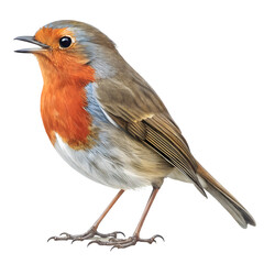 A cheerful european robin, isolated on transparent background, sings its sweet song, its bright red breast and detailed feathers visible