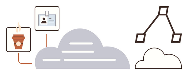 Cloud center links to coffee cup and ID, representing collaboration and workflow. Connection path leads to organizational workflow chart. Ideal for tech, remote work, networking, data flow